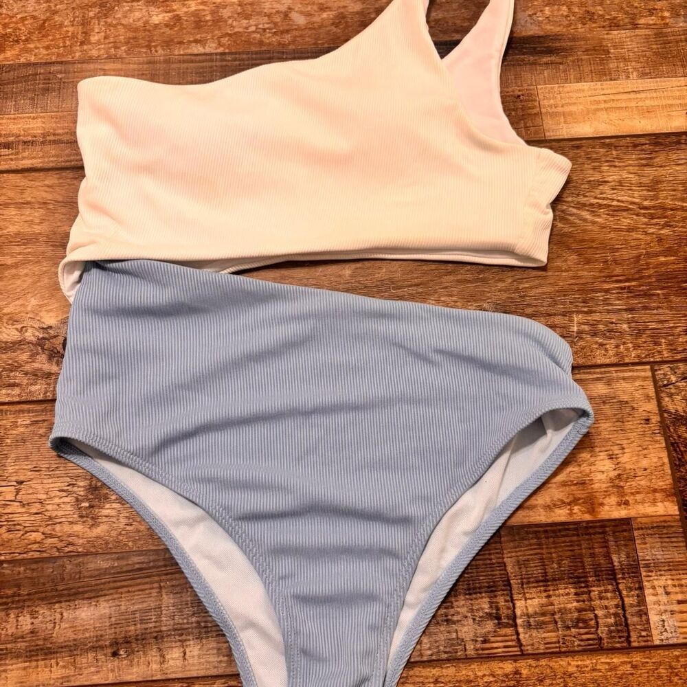 SHEIN One Piece Cut Out Ribbed Blue White Two Toned Women's Bikini Swimsuit